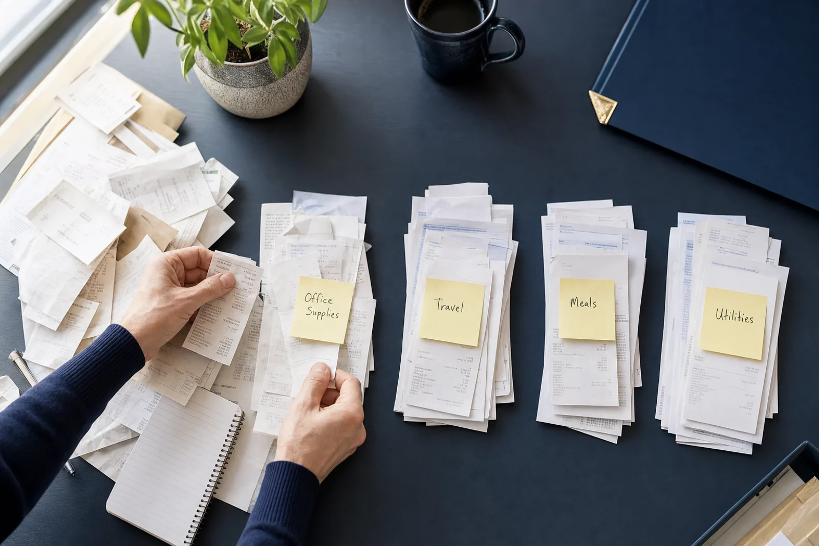 Catch-up and cleanup bookkeeping in progress — receipts and bank statements being reorganized into clean books