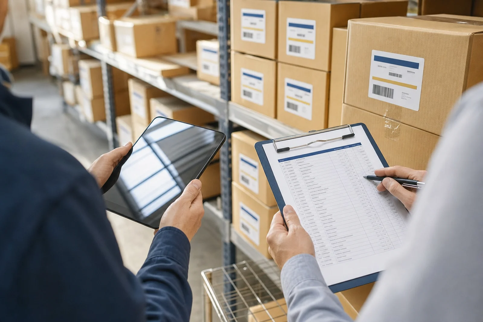 Hands conducting inventory count with tablet in Fort Wayne warehouse for accurate accounting records