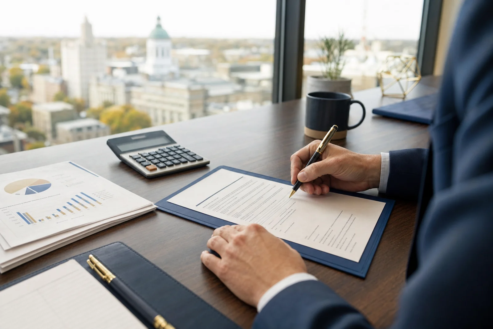 Business owner reviewing equipment purchase tax deduction paperwork in Fort Wayne office