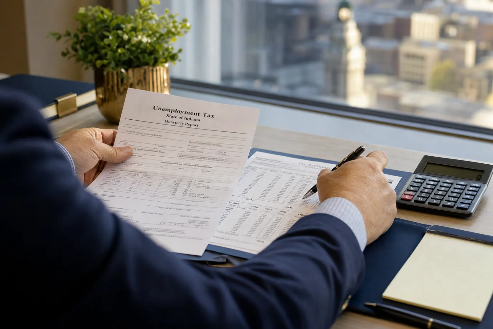 Employer reviewing Indiana unemployment tax forms in Fort Wayne office