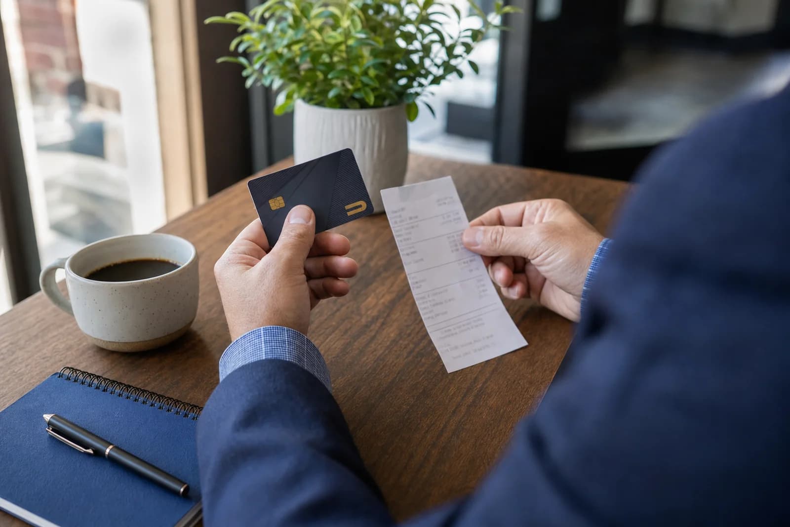 Business owner holding receipt and credit card for unreimbursed expenses in Fort Wayne