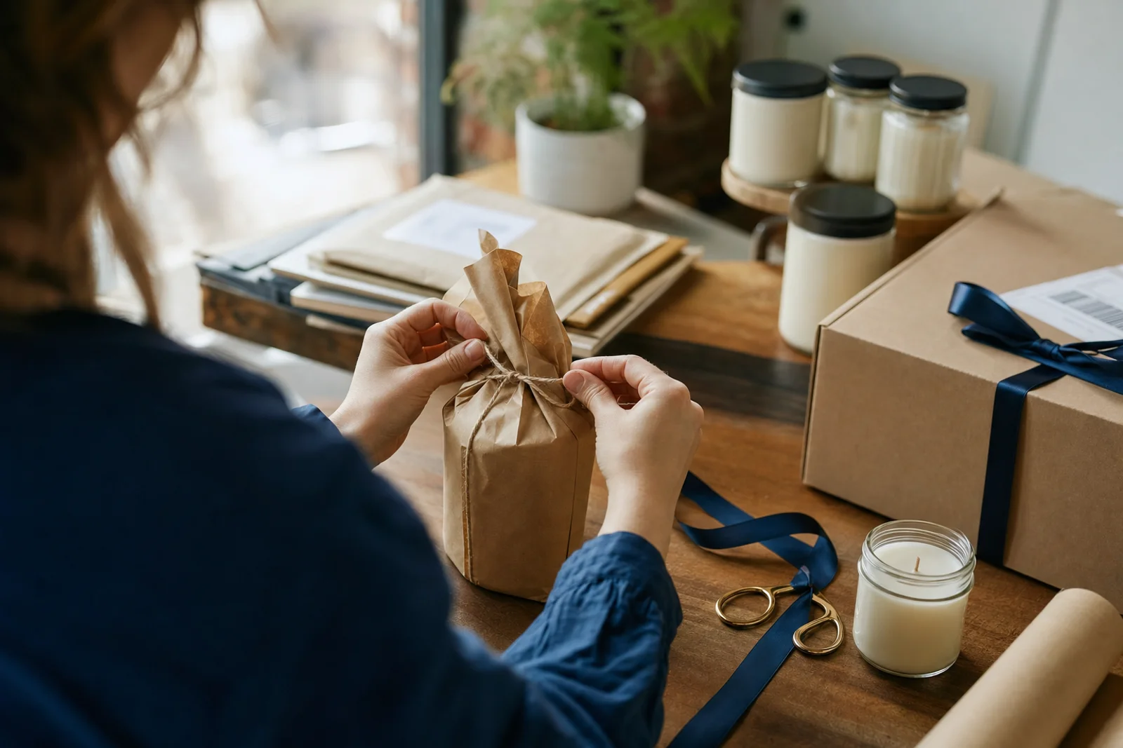 Small business owner packaging handmade products at home workspace in Fort Wayne Indiana