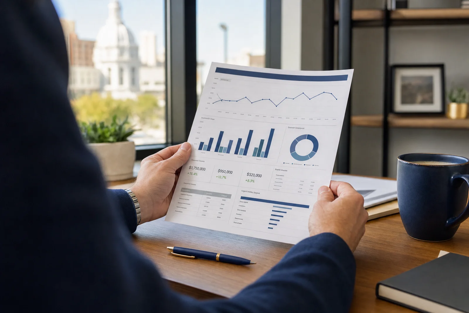 Business owner reviewing clear financial dashboard in Fort Wayne accounting office